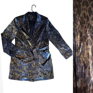 VTG FUDA Black Gold Faux Snakeskin Belted Raincoat Trenchcoat Medium
